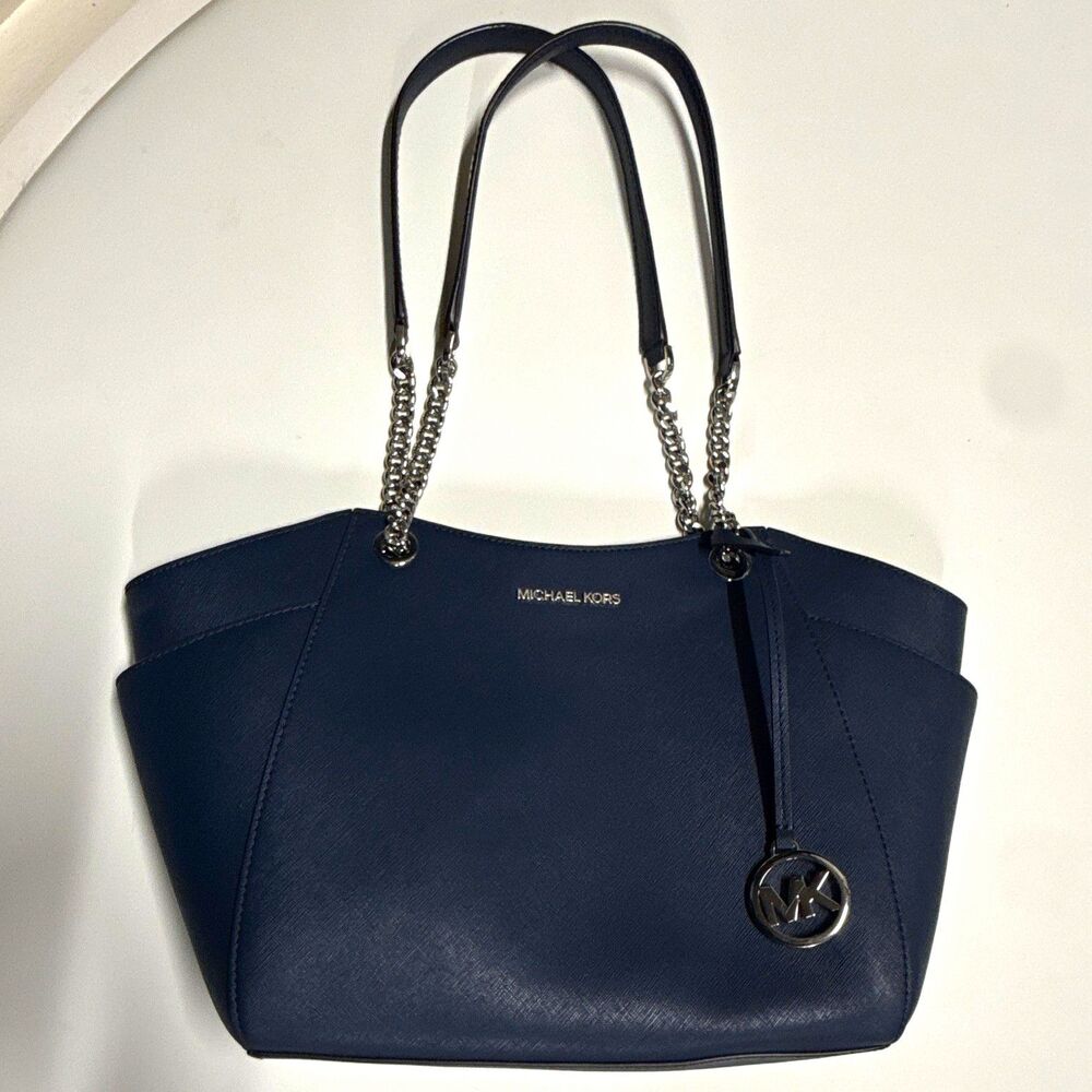 Michael Kors Jet Set Travel Navy Saffiano Leather Tote Silver Chain MK Charm